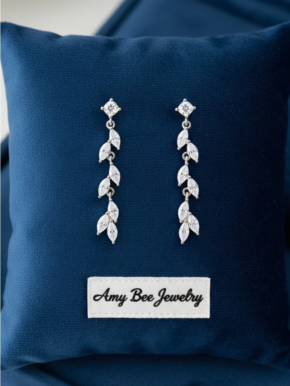 White Gold Plated  CZ Leaf Drop Earrings. New. - Picture 2 of 7